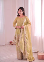 Chandra Fendy Satin Silk Embroidery Sharara Suit (Olive Green)
