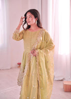 Chandra Fendy Satin Silk Embroidery Sharara Suit (Olive Green)