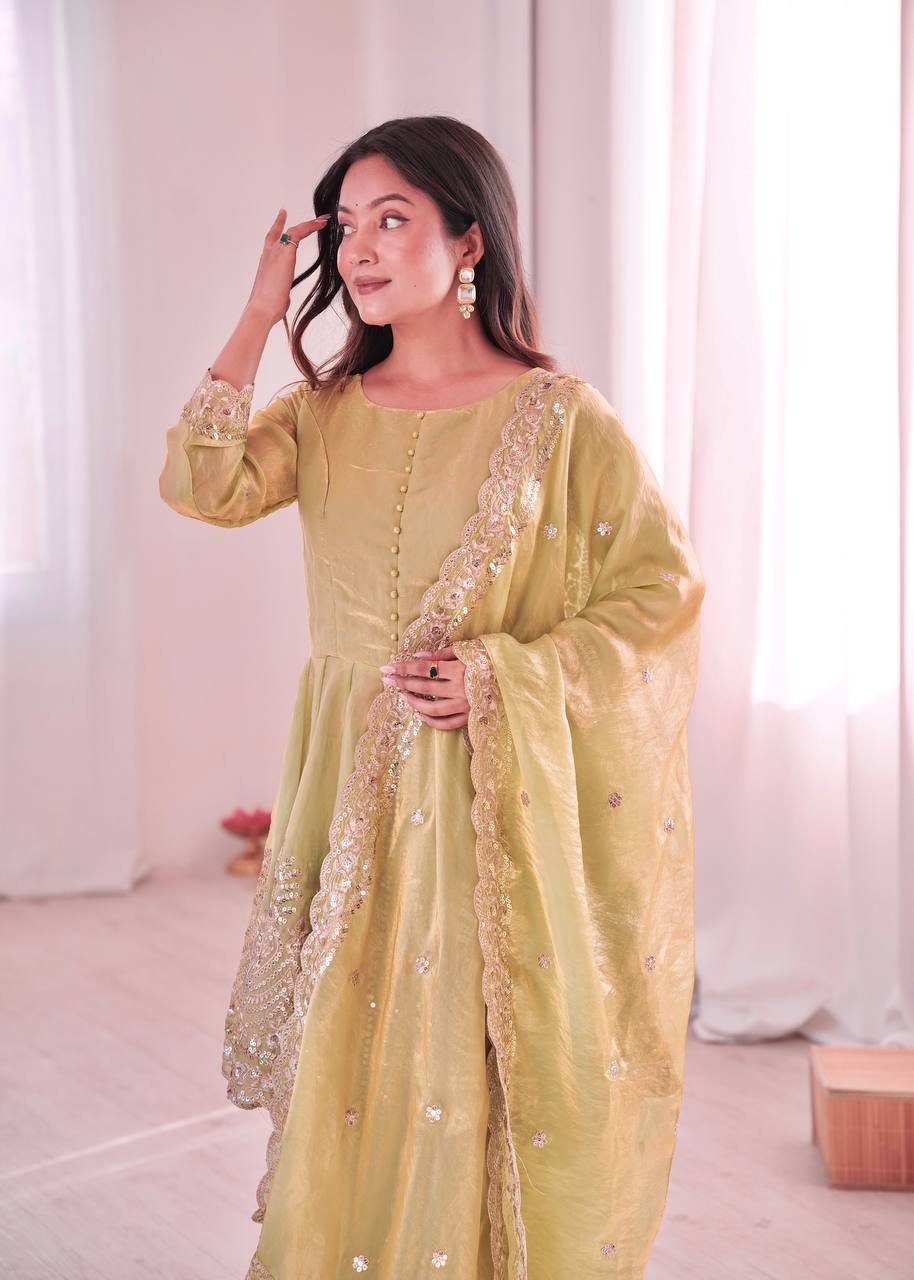 Chandra Fendy Satin Silk Embroidery Sharara Suit (Olive Green)