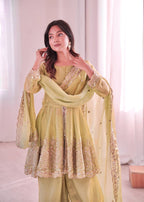 Chandra Fendy Satin Silk Embroidery Sharara Suit (Olive Green)