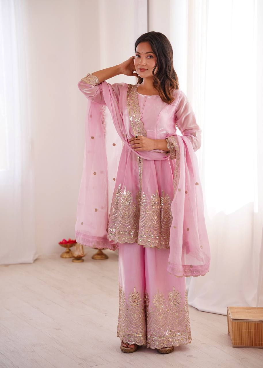 Chandra Fendy Satin Silk Embroidery Sharara Suit (Light Pink)