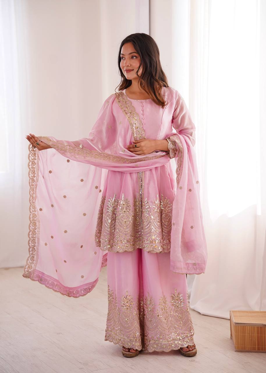 Chandra Fendy Satin Silk Embroidery Sharara Suit (Light Pink)