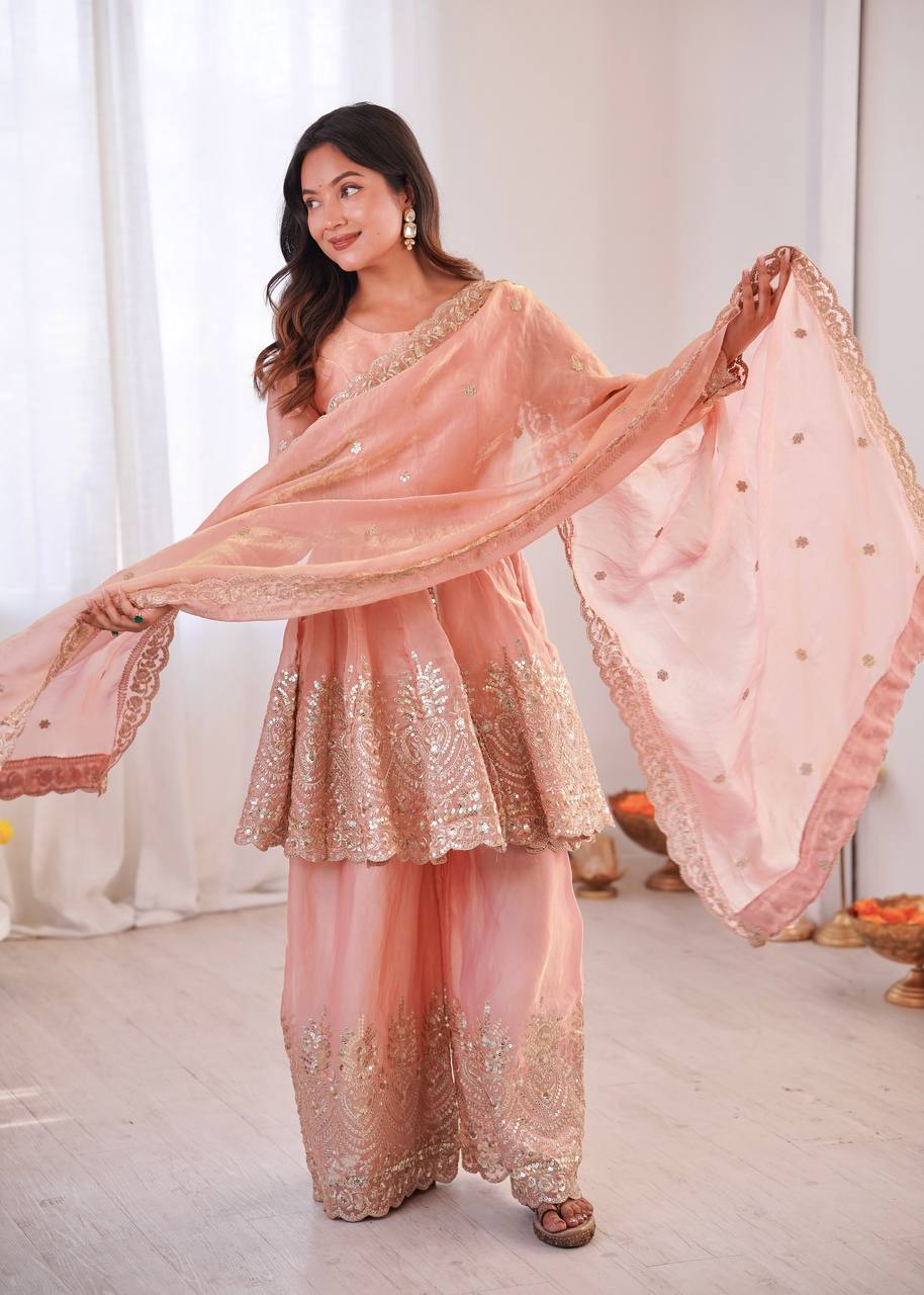 Chandra Fendy Satin Silk Embroidery Sharara Suit (Dusty Rose)