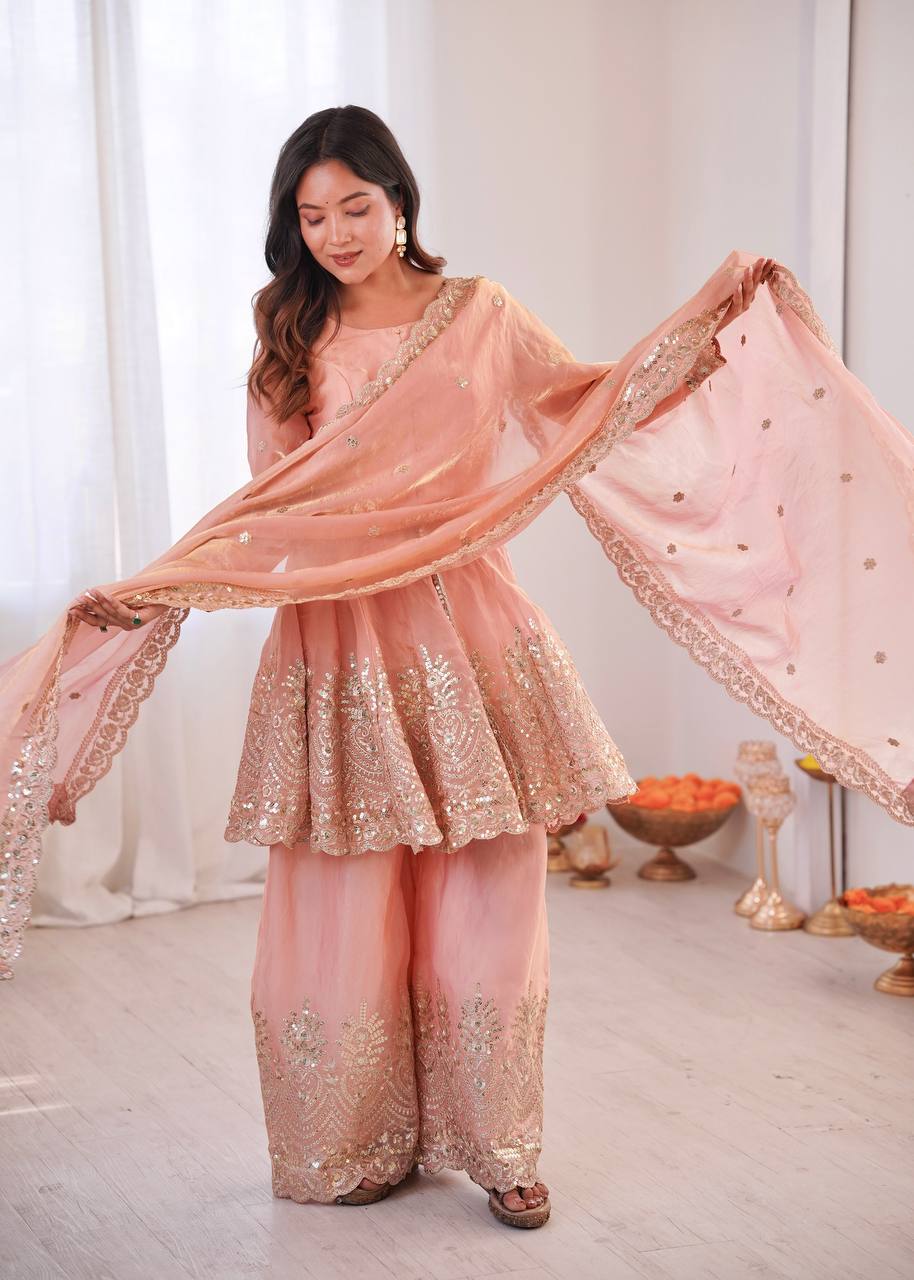 Chandra Fendy Satin Silk Embroidery Sharara Suit (Dusty Rose)