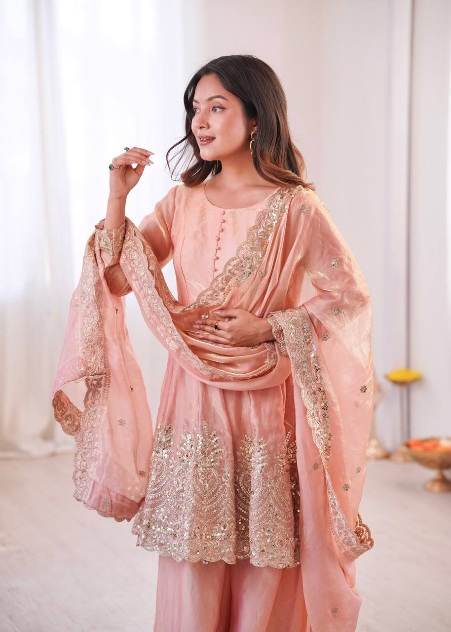 Chandra Fendy Satin Silk Embroidery Sharara Suit (Dusty Rose)