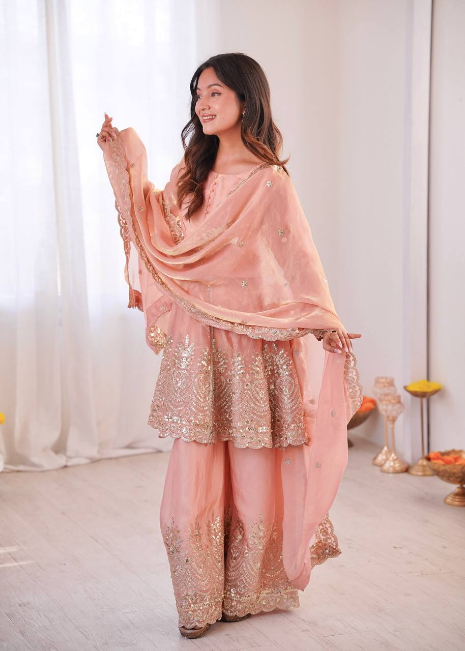 Chandra Fendy Satin Silk Embroidery Sharara Suit (Dusty Rose)