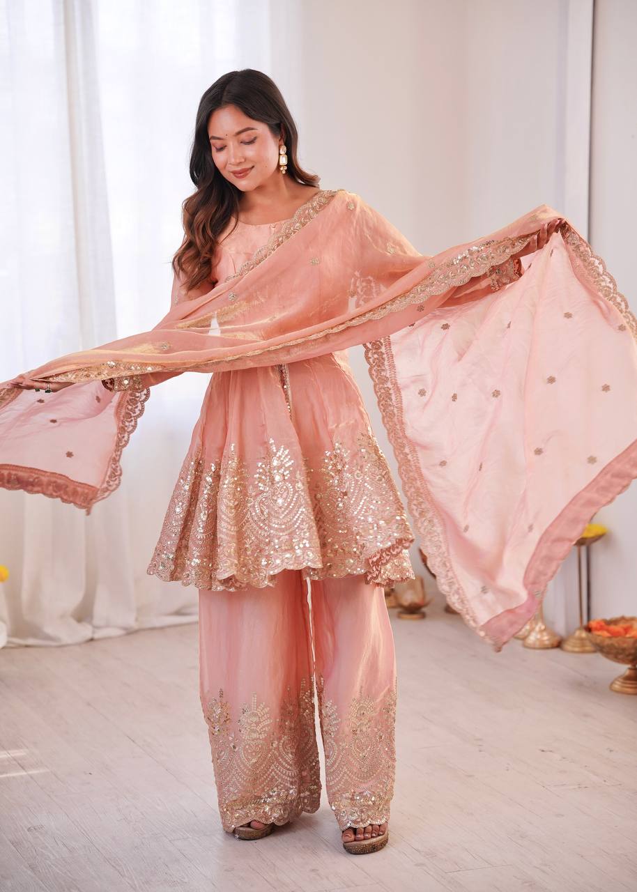 Chandra Fendy Satin Silk Embroidery Sharara Suit (Dusty Rose)
