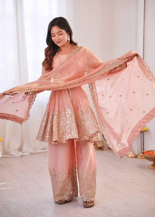 Chandra Fendy Satin Silk Embroidery Sharara Suit (Dusty Rose)