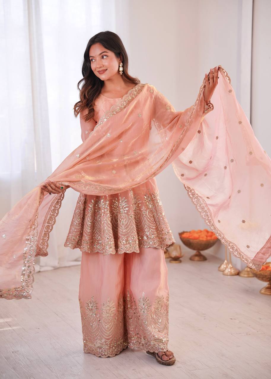 Chandra Fendy Satin Silk Embroidery Sharara Suit (Dusty Rose)