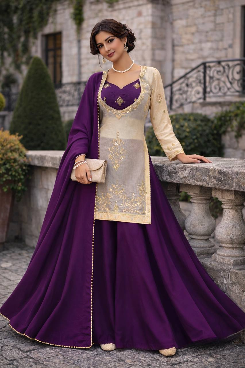 Purple Heavy Embroidery Threads Sharara Set