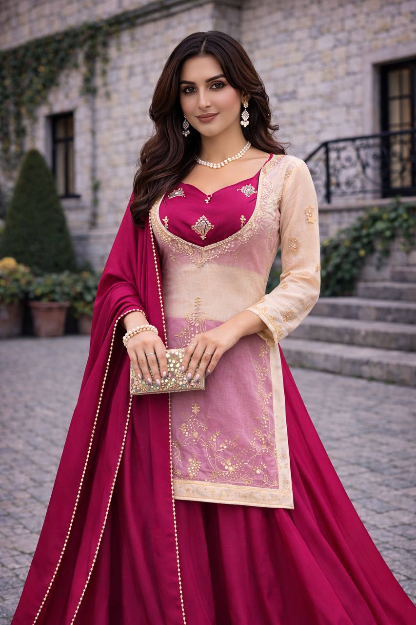 Pink Heavy Embroidery Threads Sharara Set