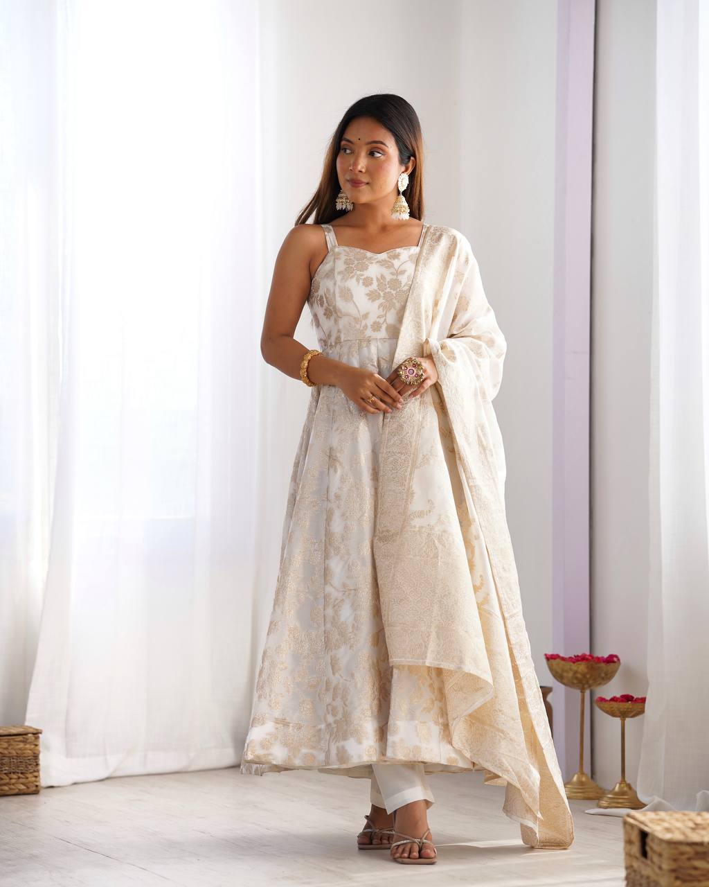 Cream Banarasi Jacquard Dola Silk Kurta Set