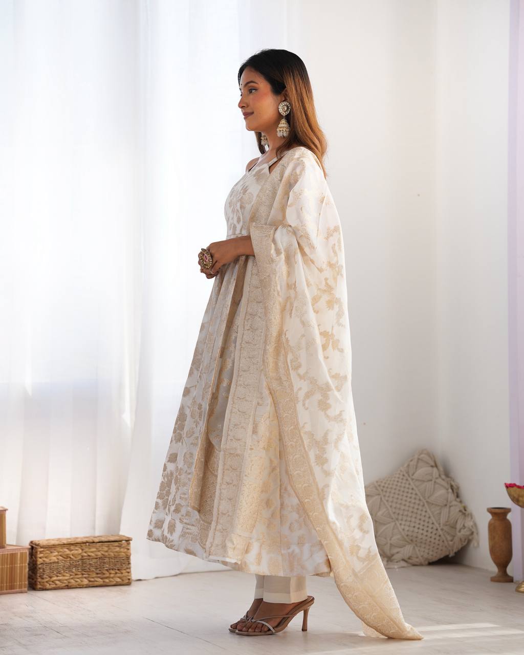 Cream Banarasi Jacquard Dola Silk Kurta Set