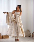 Cream Banarasi Jacquard Dola Silk Kurta Set