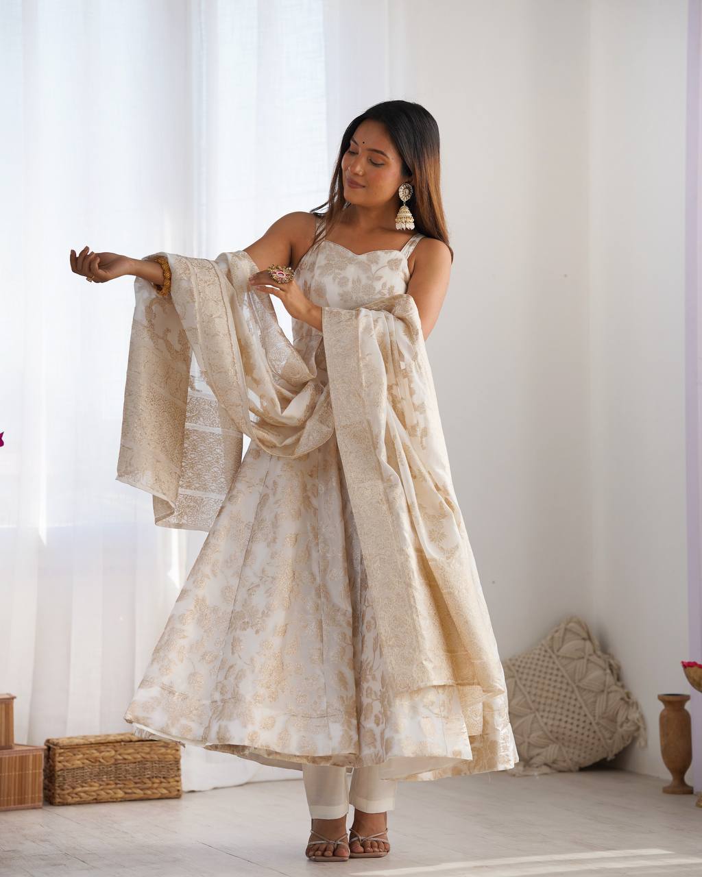 Cream Banarasi Jacquard Dola Silk Kurta Set