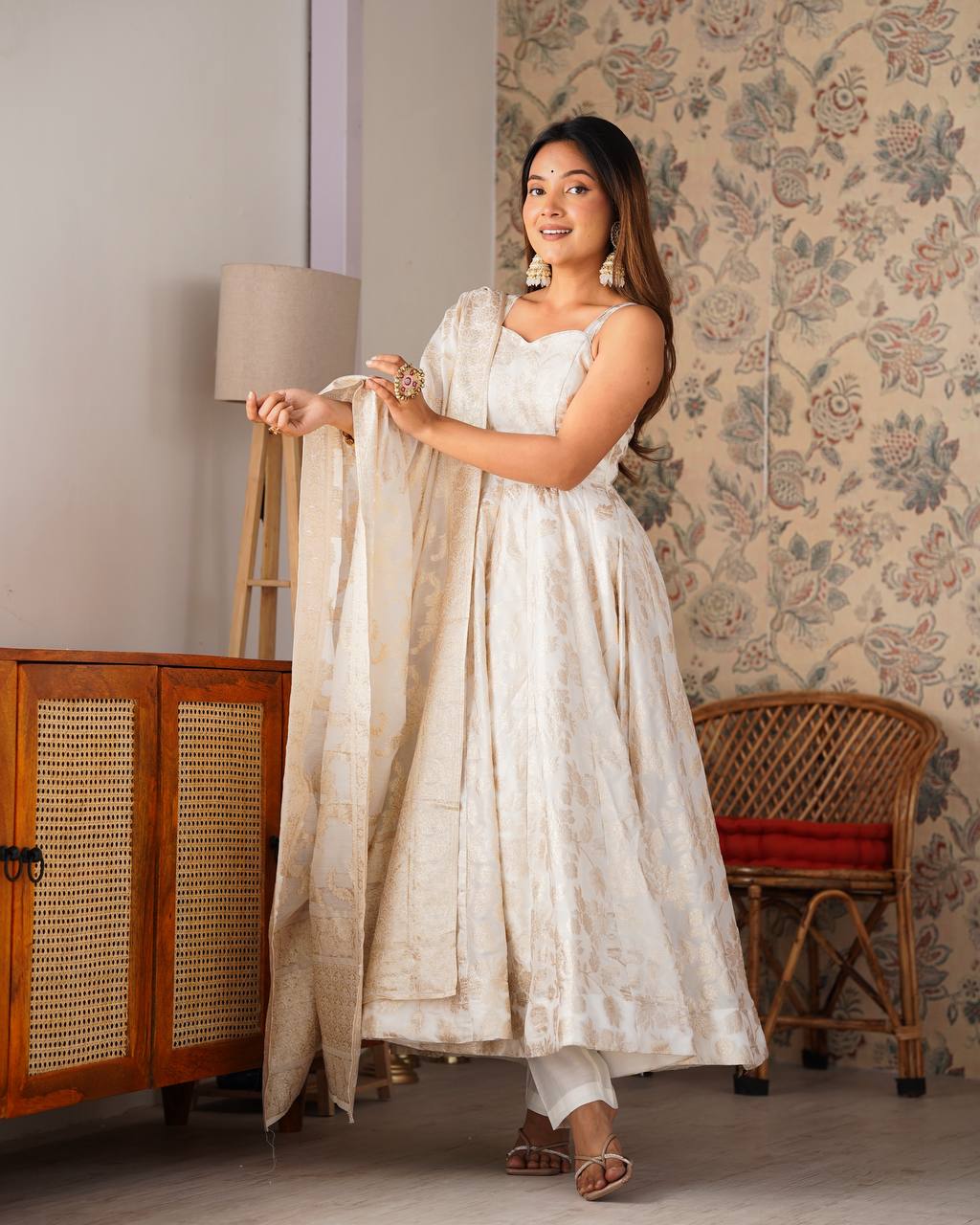Cream Banarasi Jacquard Dola Silk Kurta Set