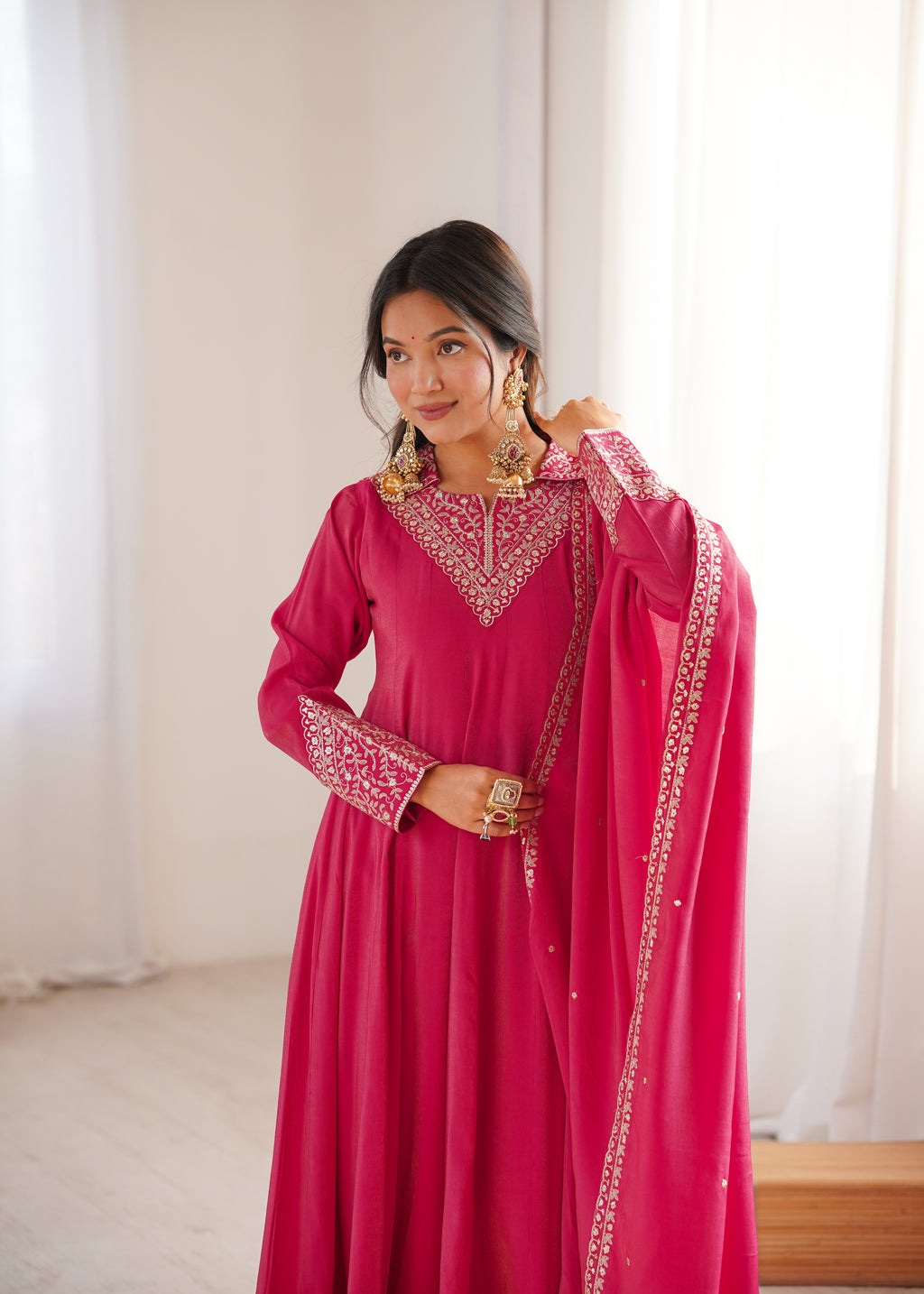 Pink Collar Shimer Silk Kurta Set
