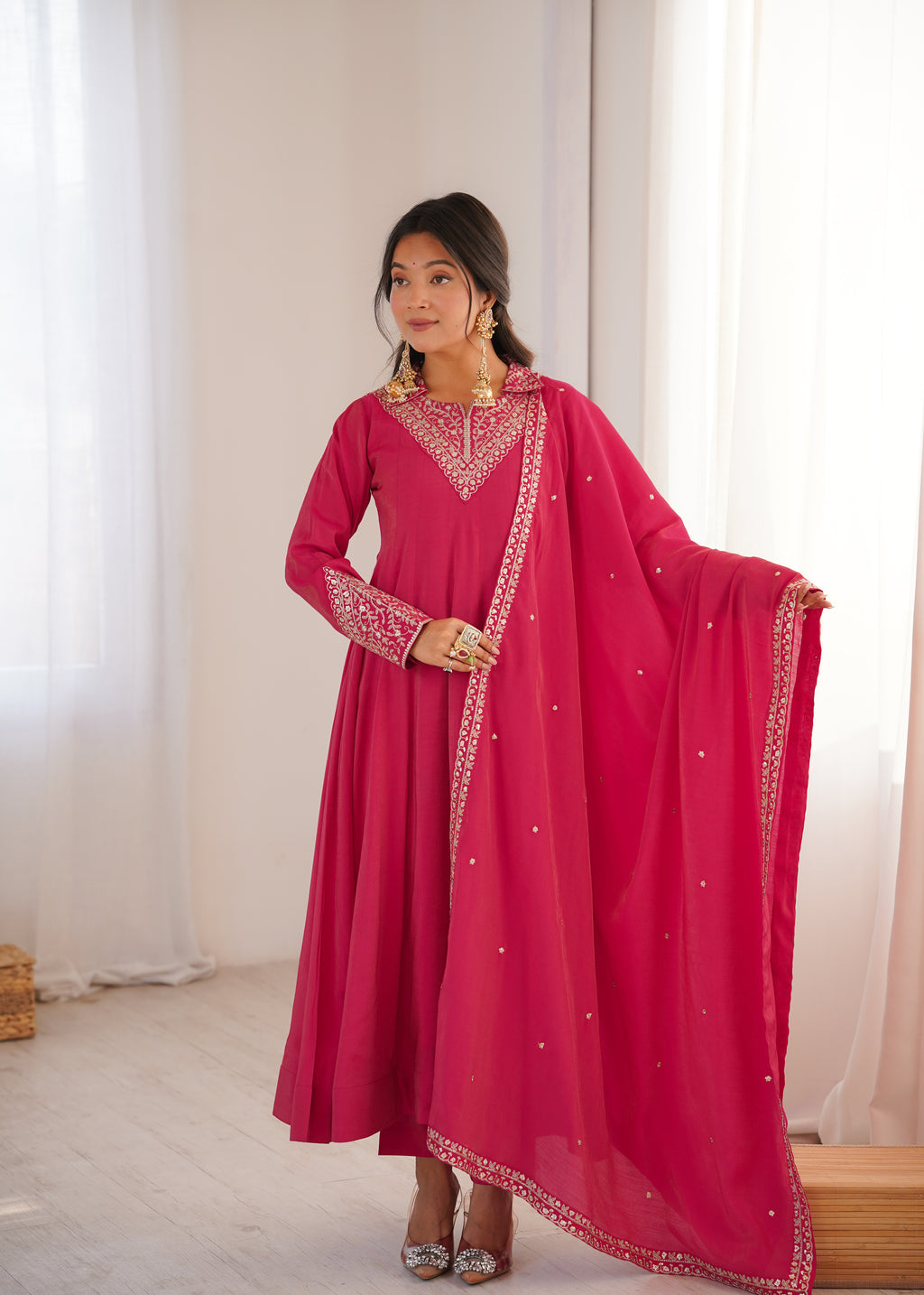 Pink Collar Shimer Silk Kurta Set