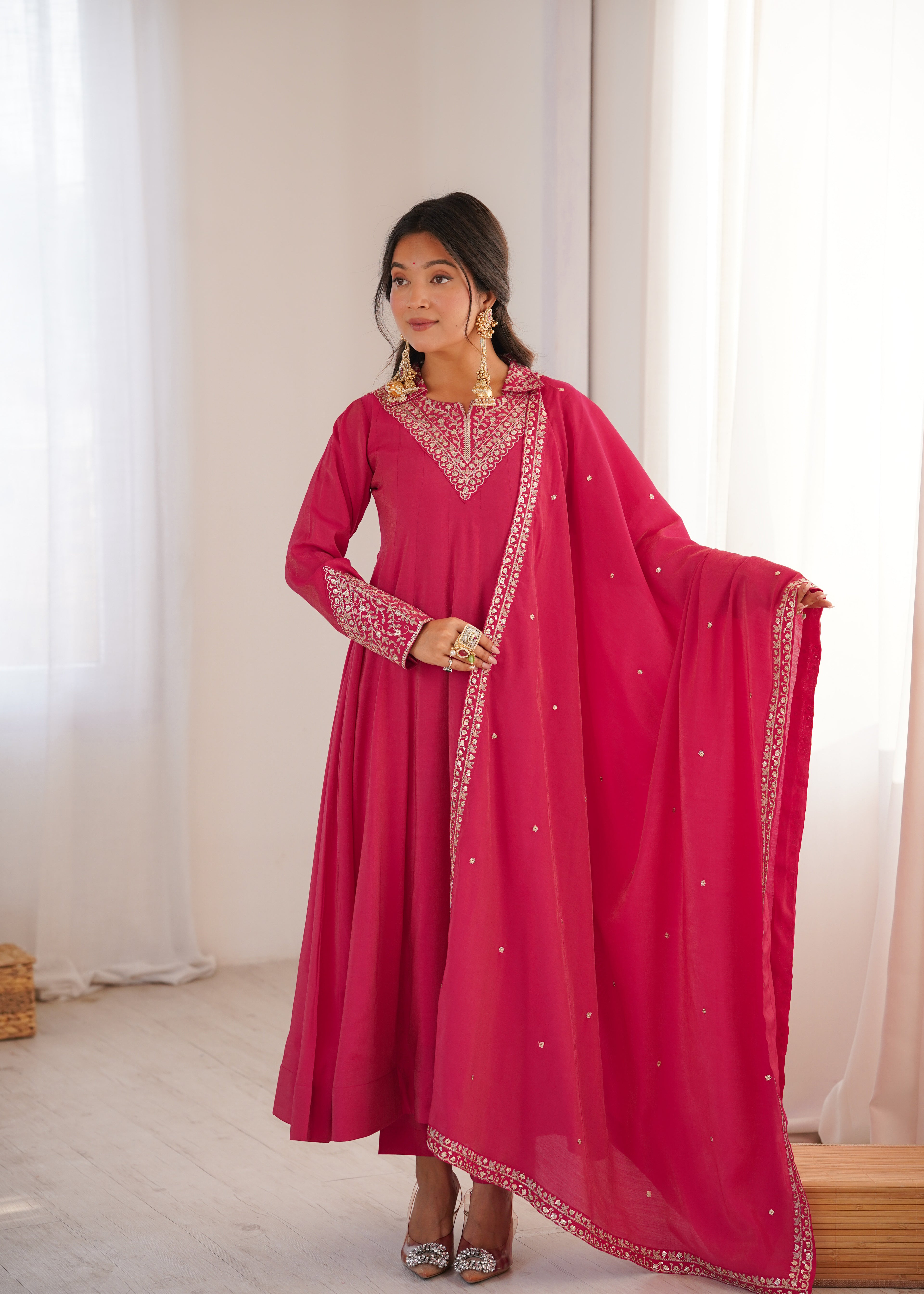 Pink Collar Shimer Silk Kurta Set