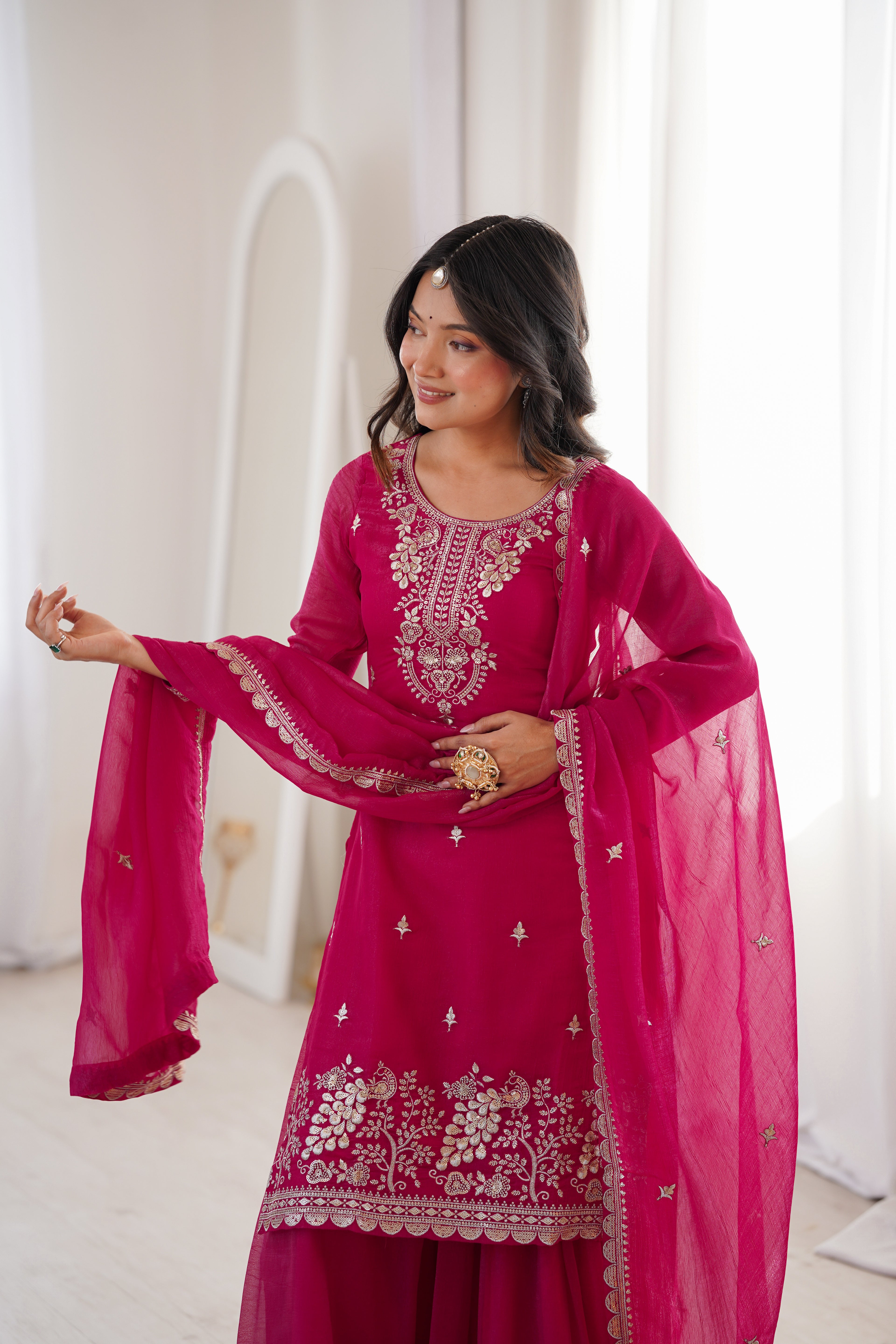 Dark Pink Crunchy Silk Sharara Set