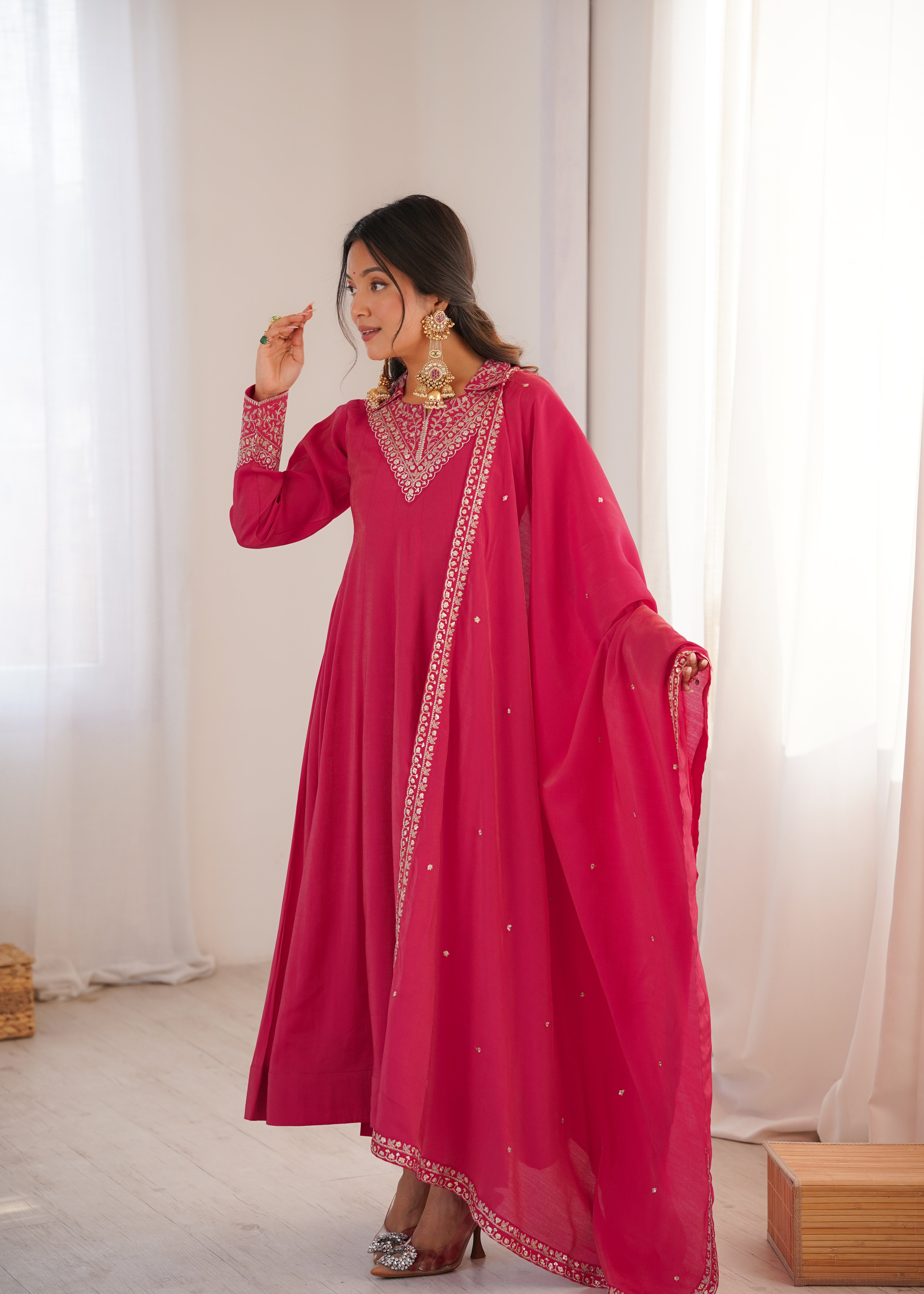 Pink Collar Shimer Silk Kurta Set