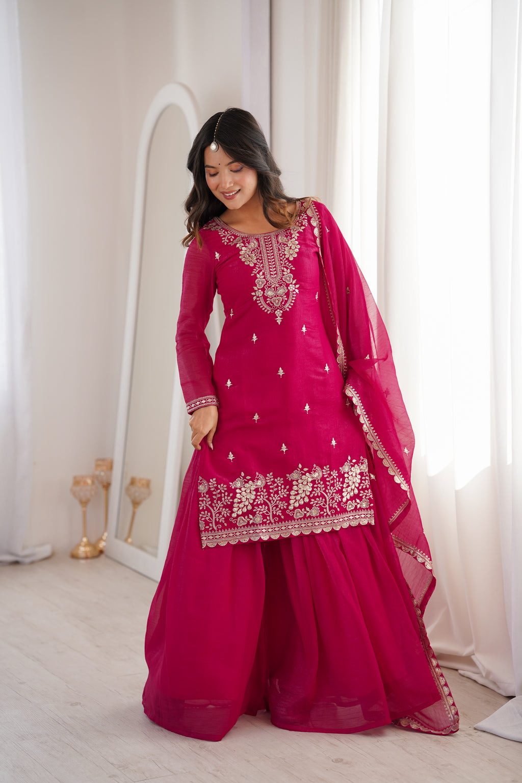 Dark Pink Crunchy Silk Sharara Set