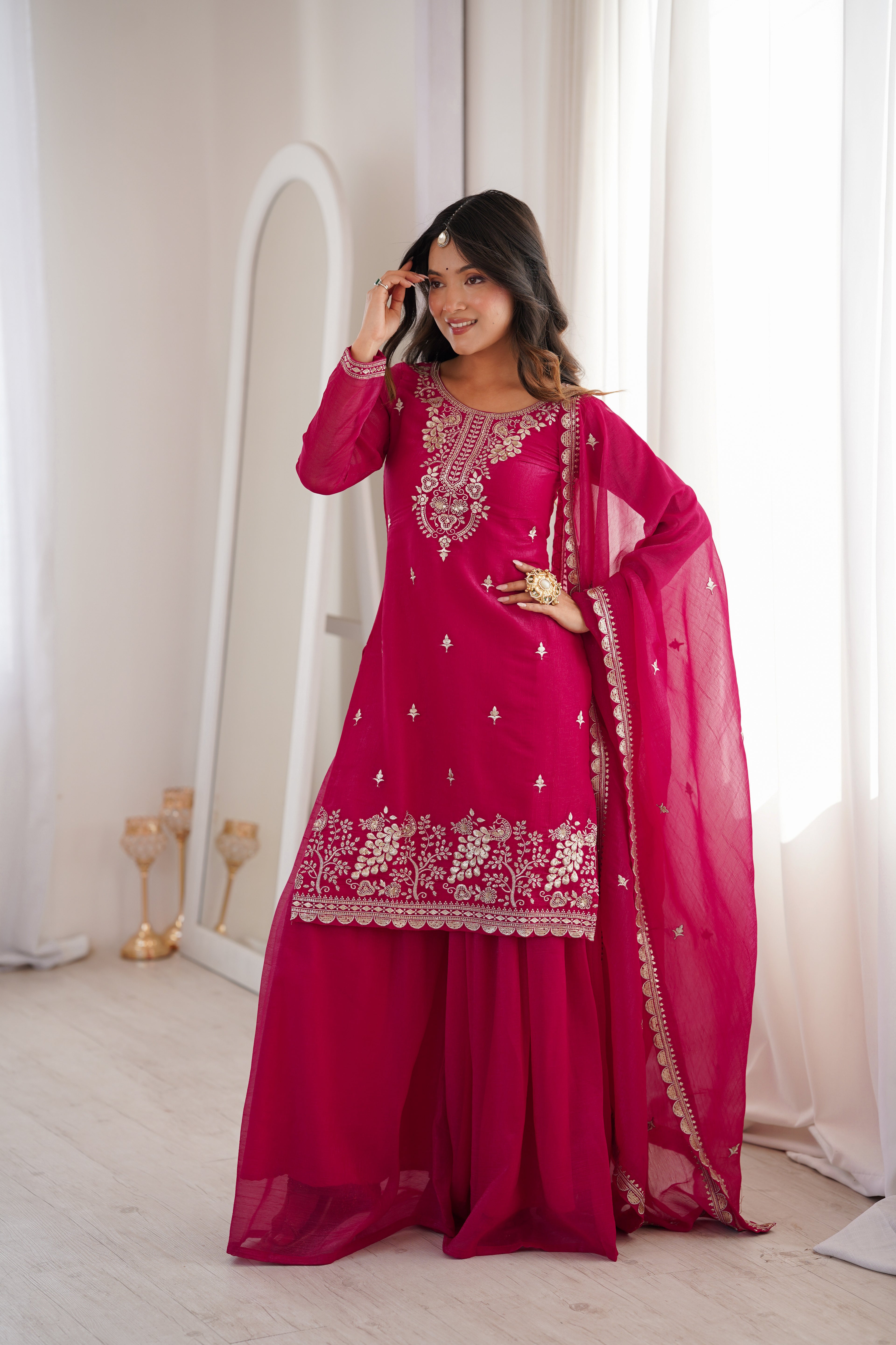 Dark Pink Crunchy Silk Sharara Set
