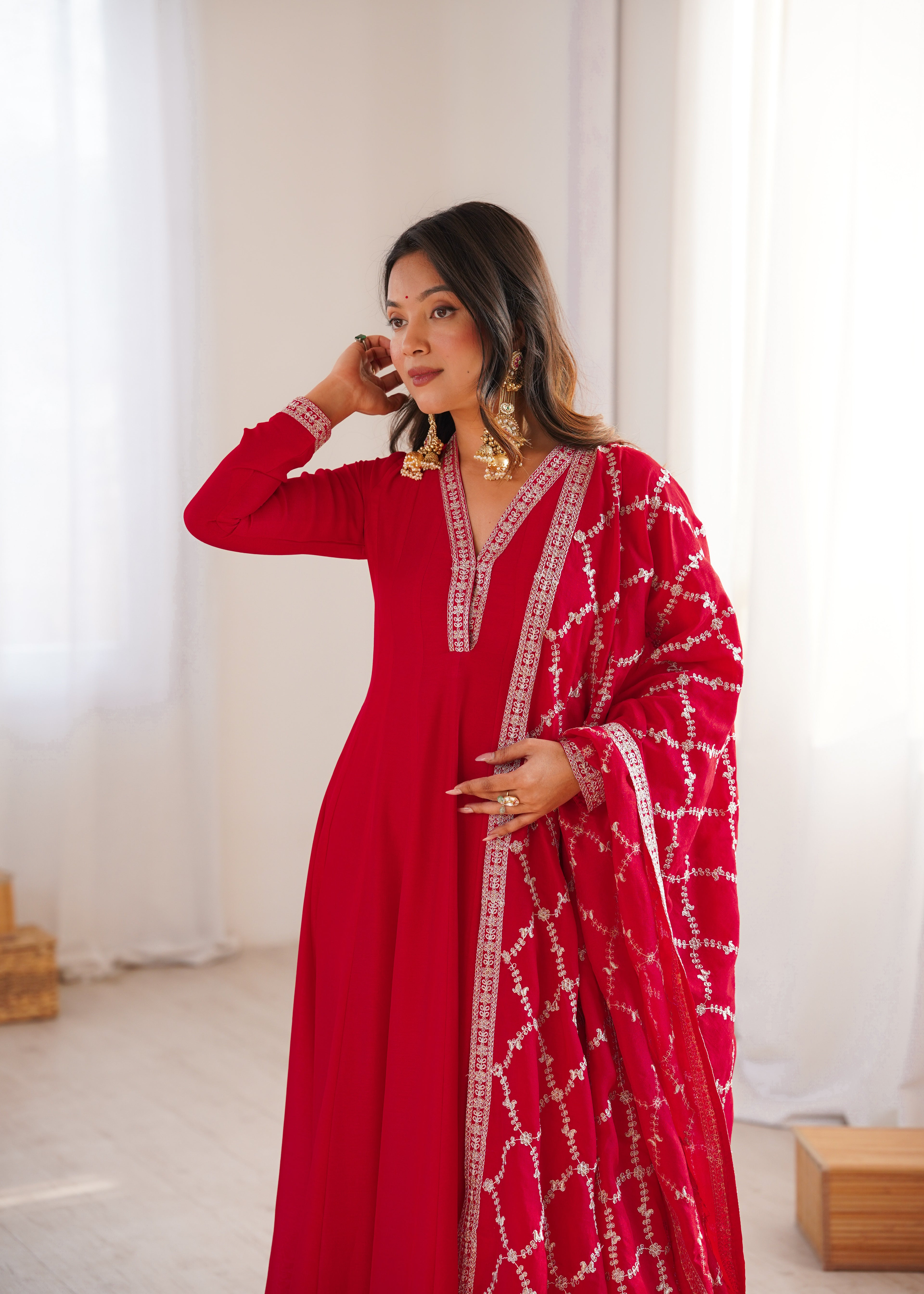 Red Vichitra Silk Kurta Set