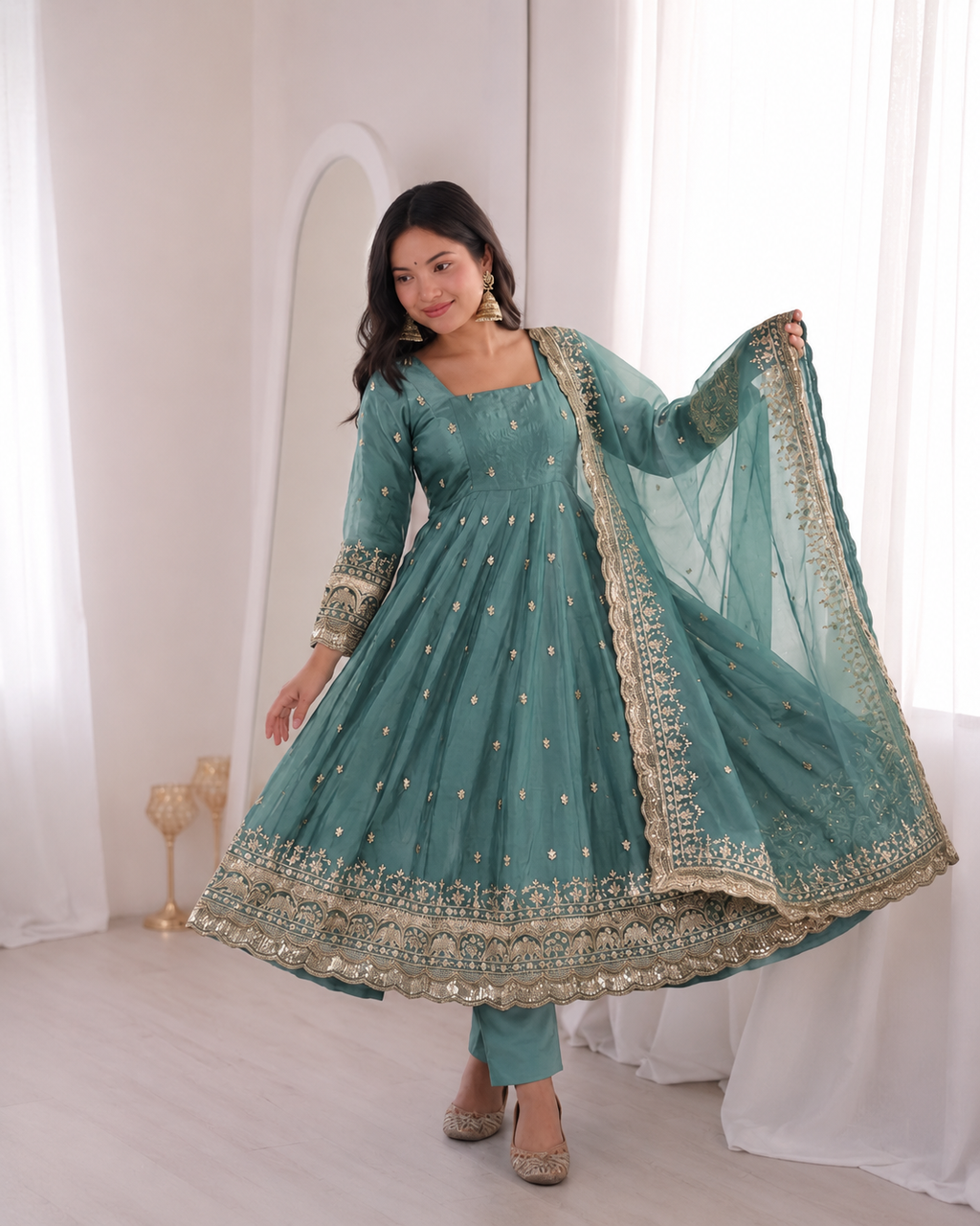 Sky Blue Embroidery Sequins Fandy Silk Work Suit Set