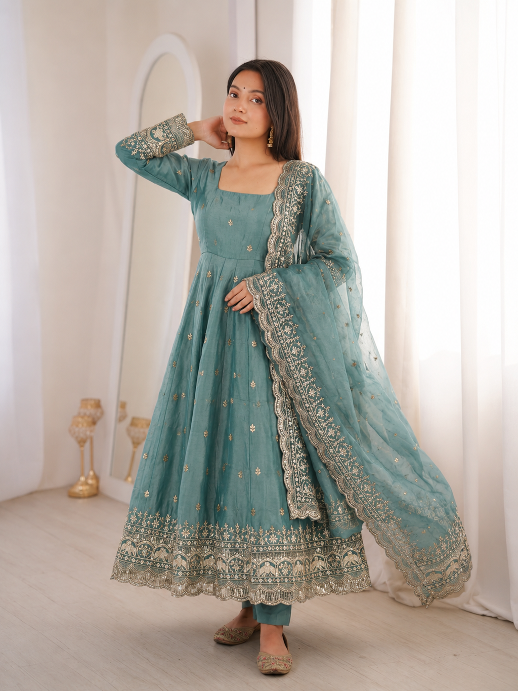 Sky Blue Embroidery Sequins Fandy Silk Work Suit Set