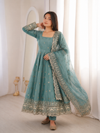 Sky Blue Embroidery Sequins Fandy Silk Work Suit Set