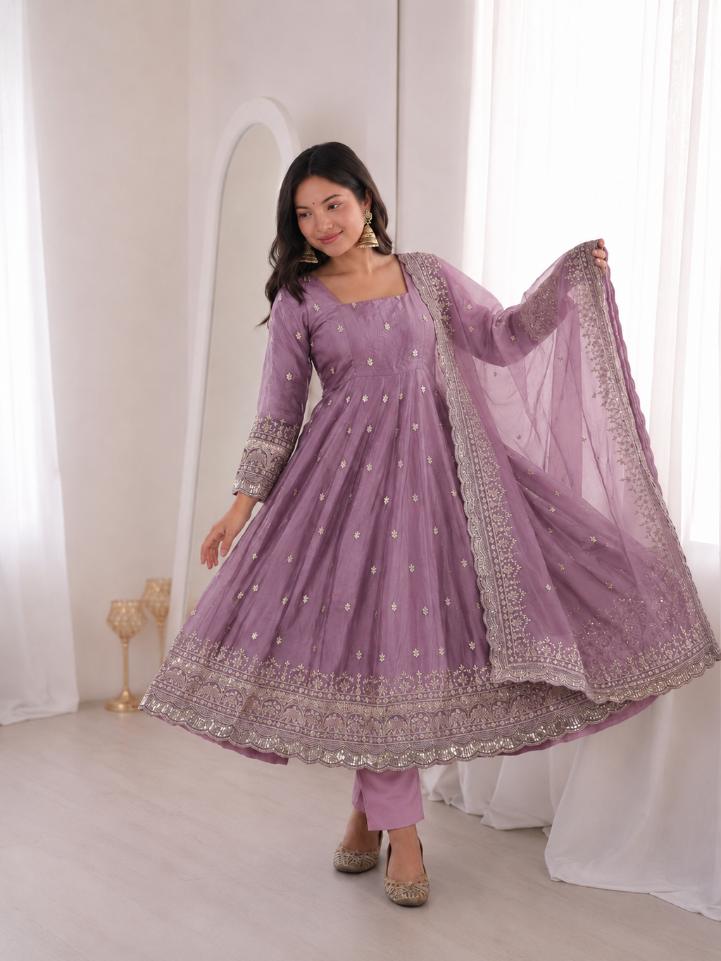 Light Purple Embroidery Sequins Fandy Silk Work Suit Set
