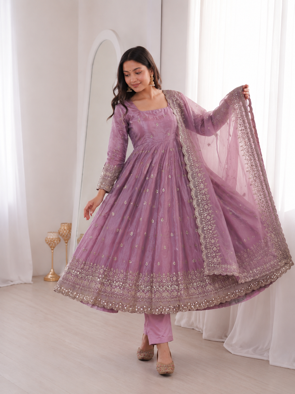 Light Purple Embroidery Sequins Fandy Silk Work Suit Set
