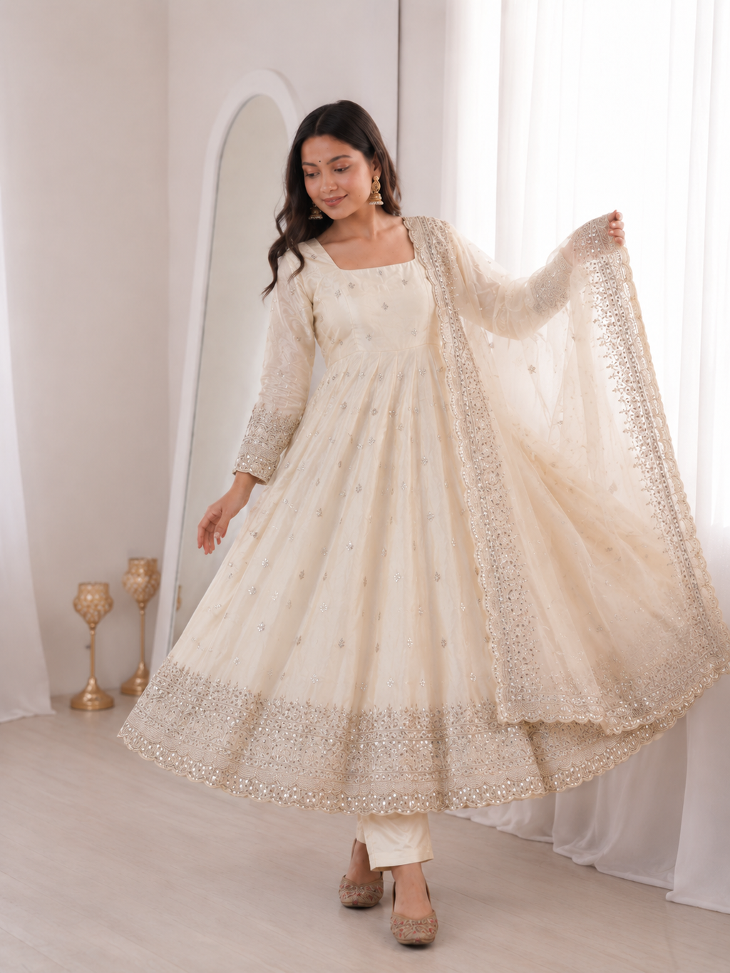Cream Embroidery Sequins Fandy Silk Work Suit Set