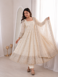 Cream Embroidery Sequins Fandy Silk Work Suit Set