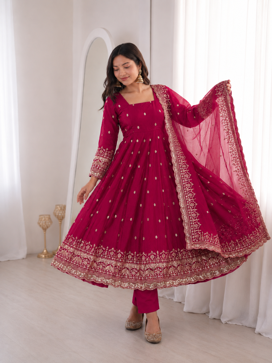 Rudhira Embroidery Sequins Fandy Silk Work Suit Set