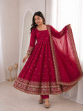 Red Embroidery Sequins Fandy Silk Work Suit Set