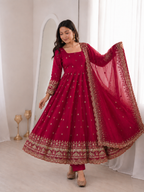 Red Embroidery Sequins Fandy Silk Work Suit Set