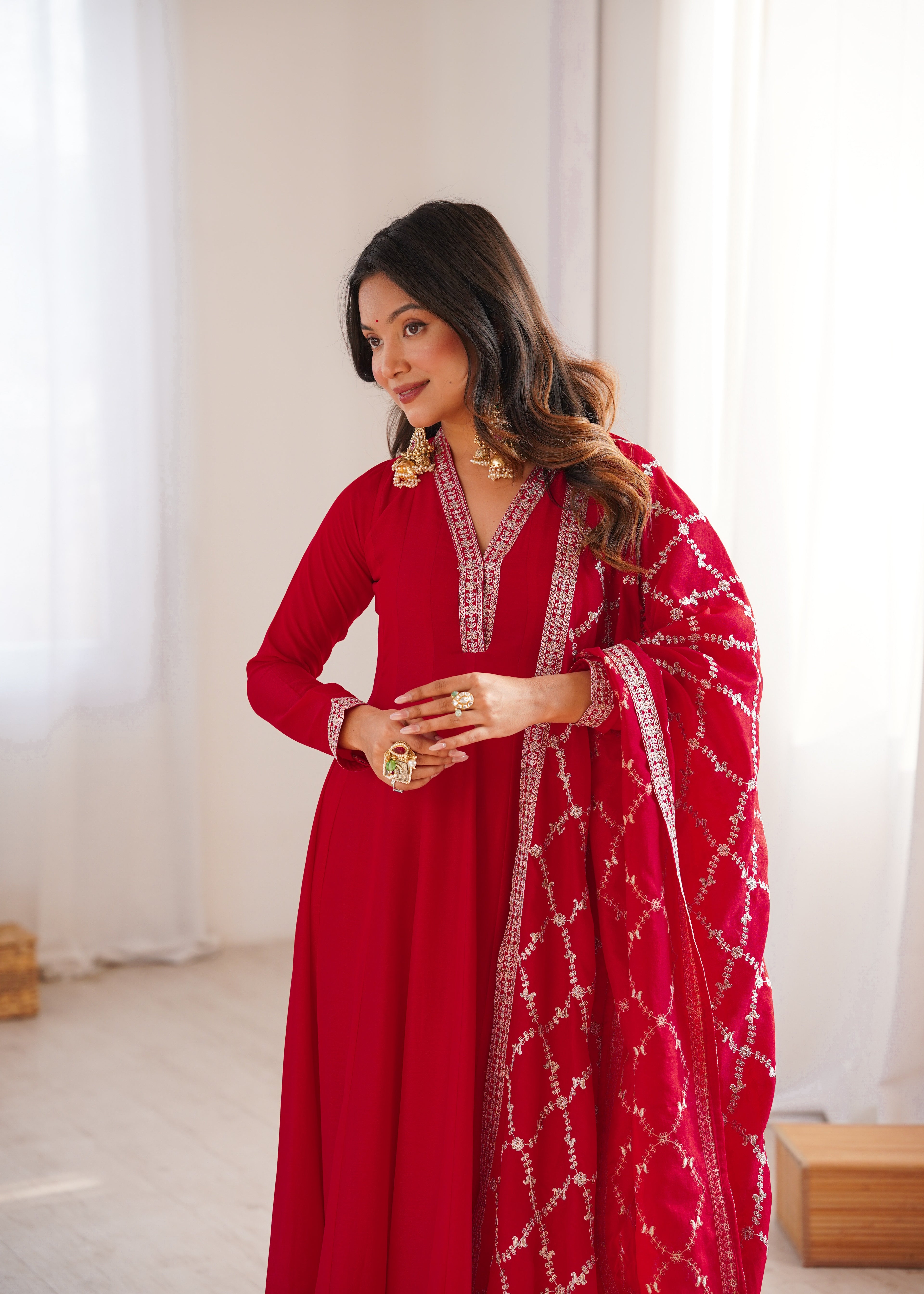 Red Vichitra Silk Kurta Set