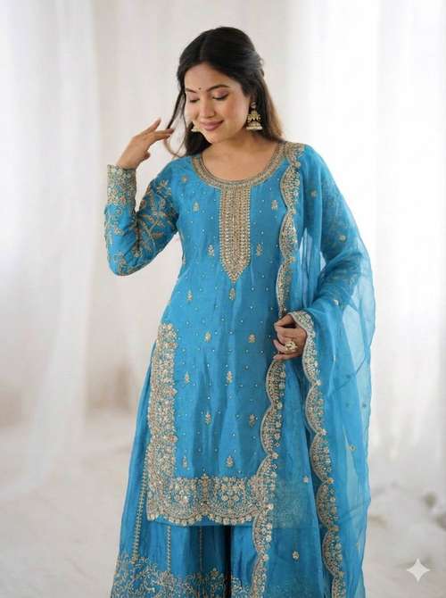 Blue Fendy Silk Embroidery Sharara Set