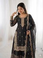 Black Fendy Silk Embroidery Sharara Set