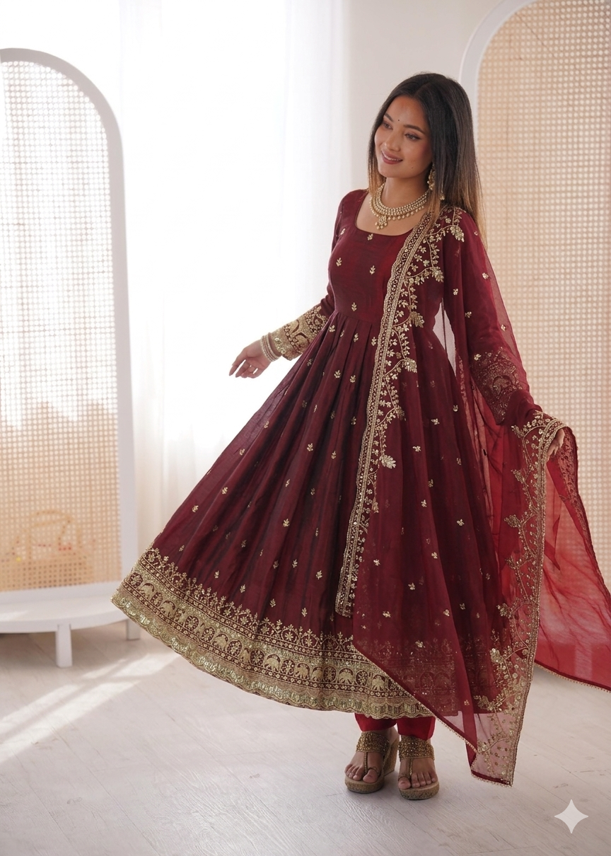 Maroon Embroidery Sequins Fandy Silk Work Suit Set