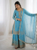 Blue Fendy Silk Embroidery Sharara Set