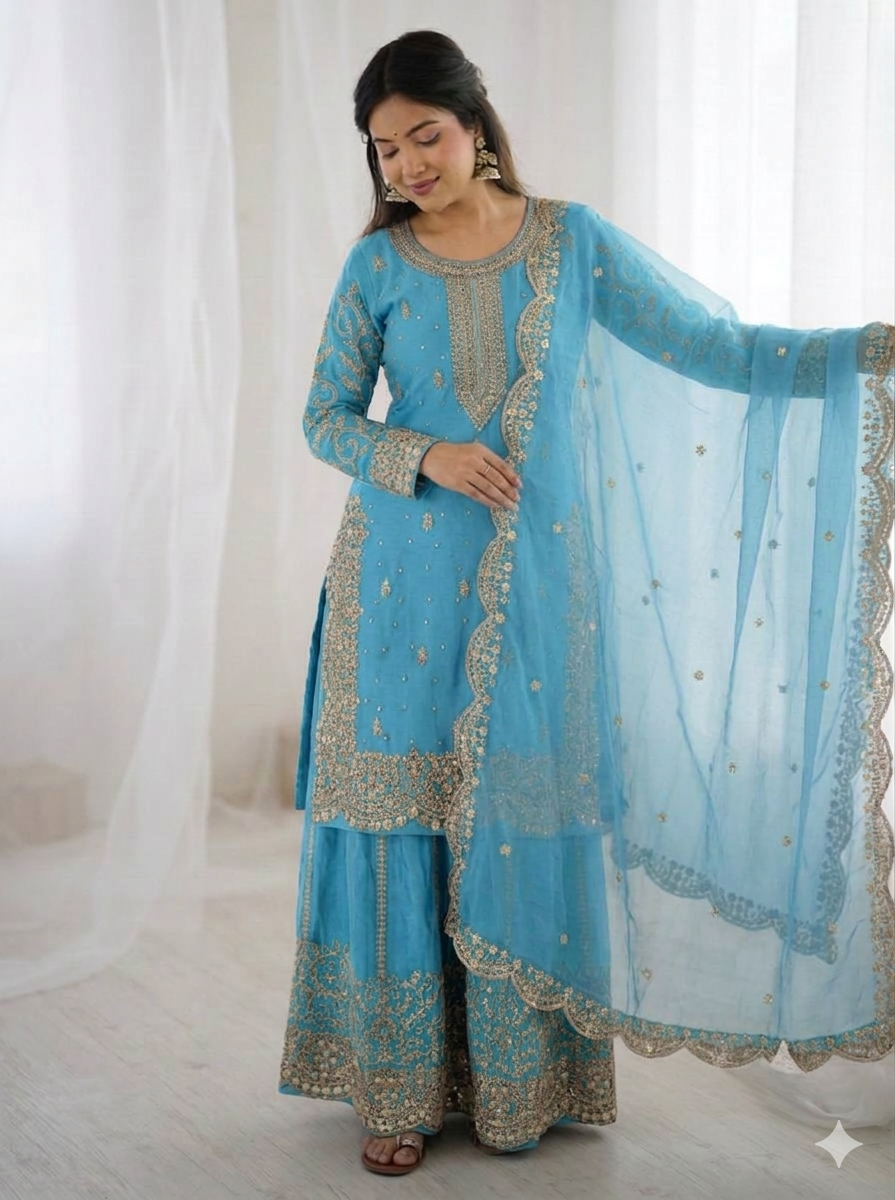 Blue Fendy Silk Embroidery Sharara Set