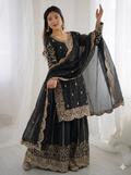 Black Fendy Silk Embroidery Sharara Set