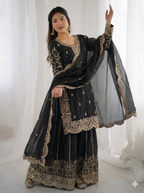 Black Fendy Silk Embroidery Sharara Set
