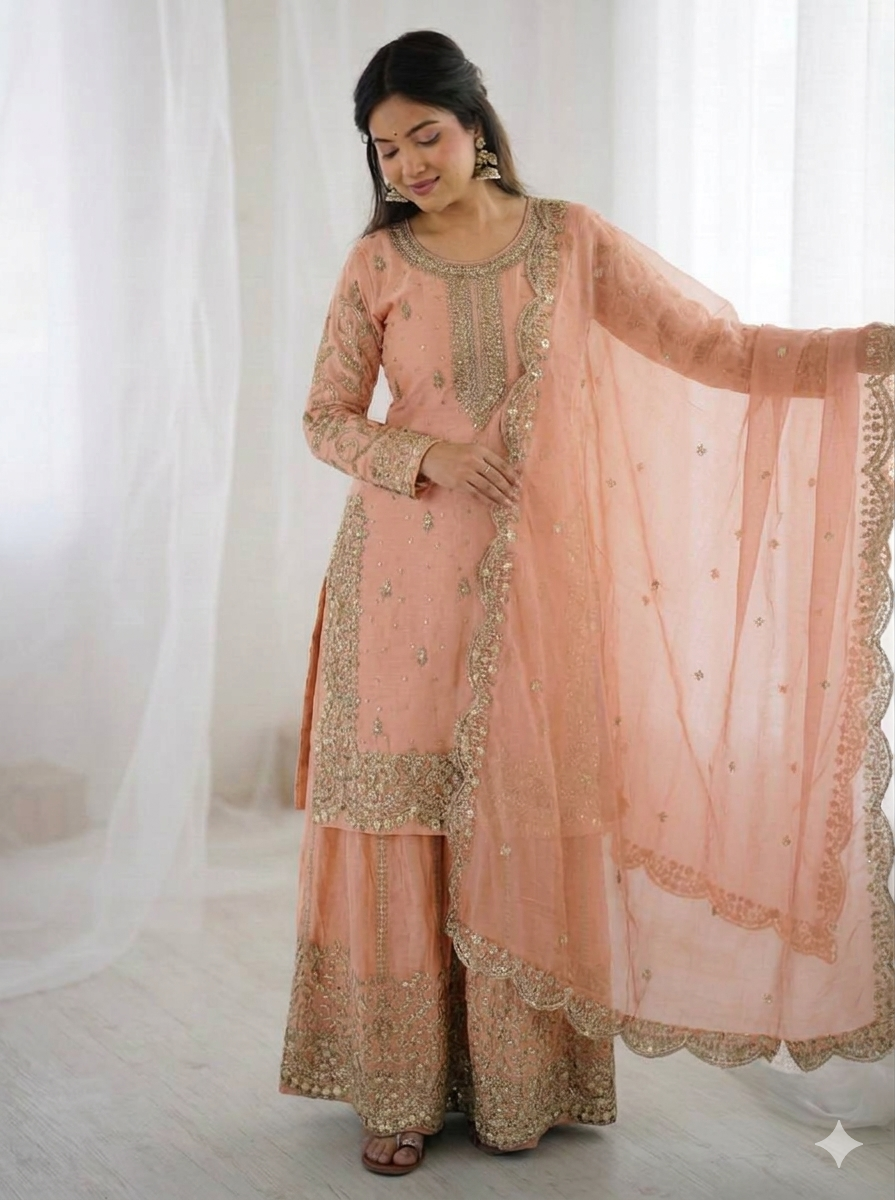 Peach Fendy Silk Embroidery Sharara Set