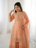 Peach Fendy Silk Embroidery Sharara Set