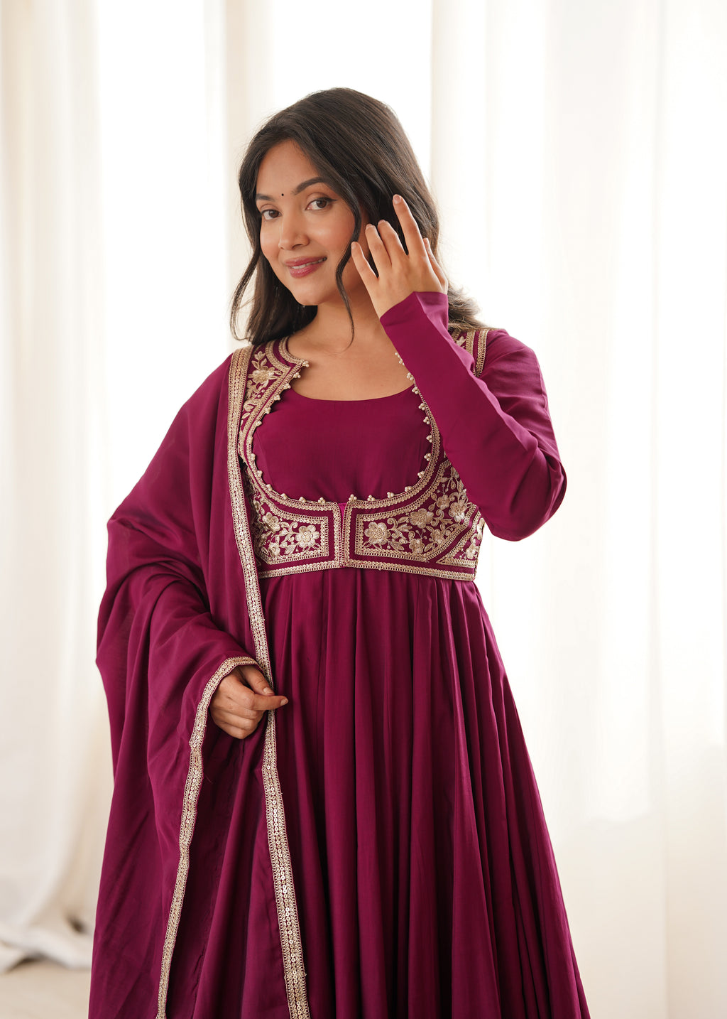 Designer Wine Flared Anarkali With Jacket Style