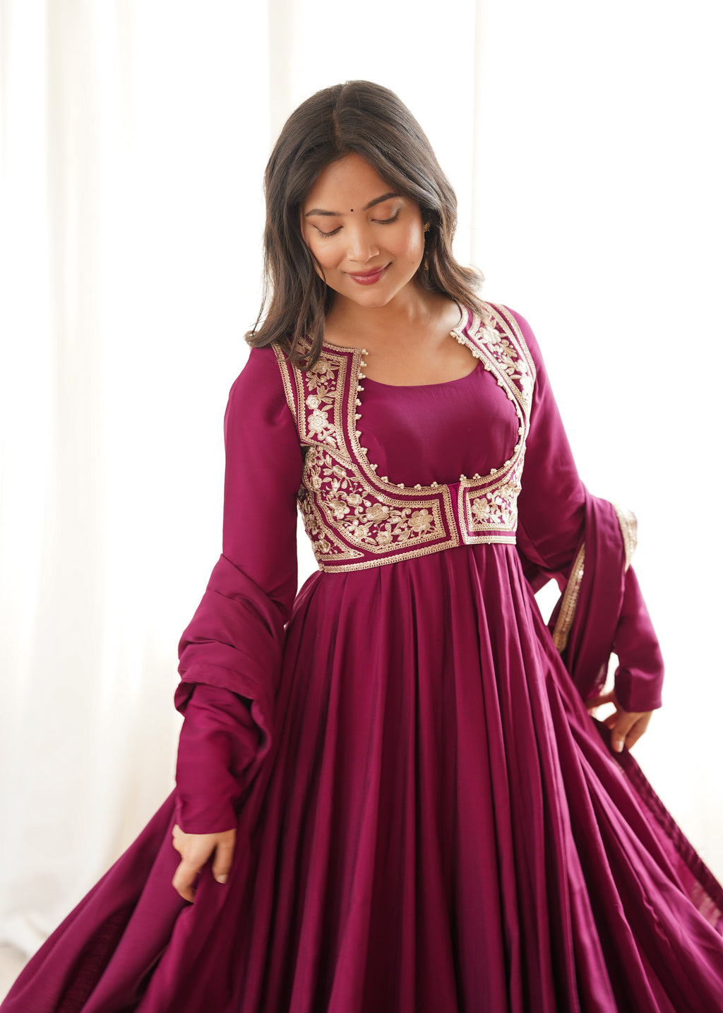 Designer Wine Flared Anarkali With Jacket Style